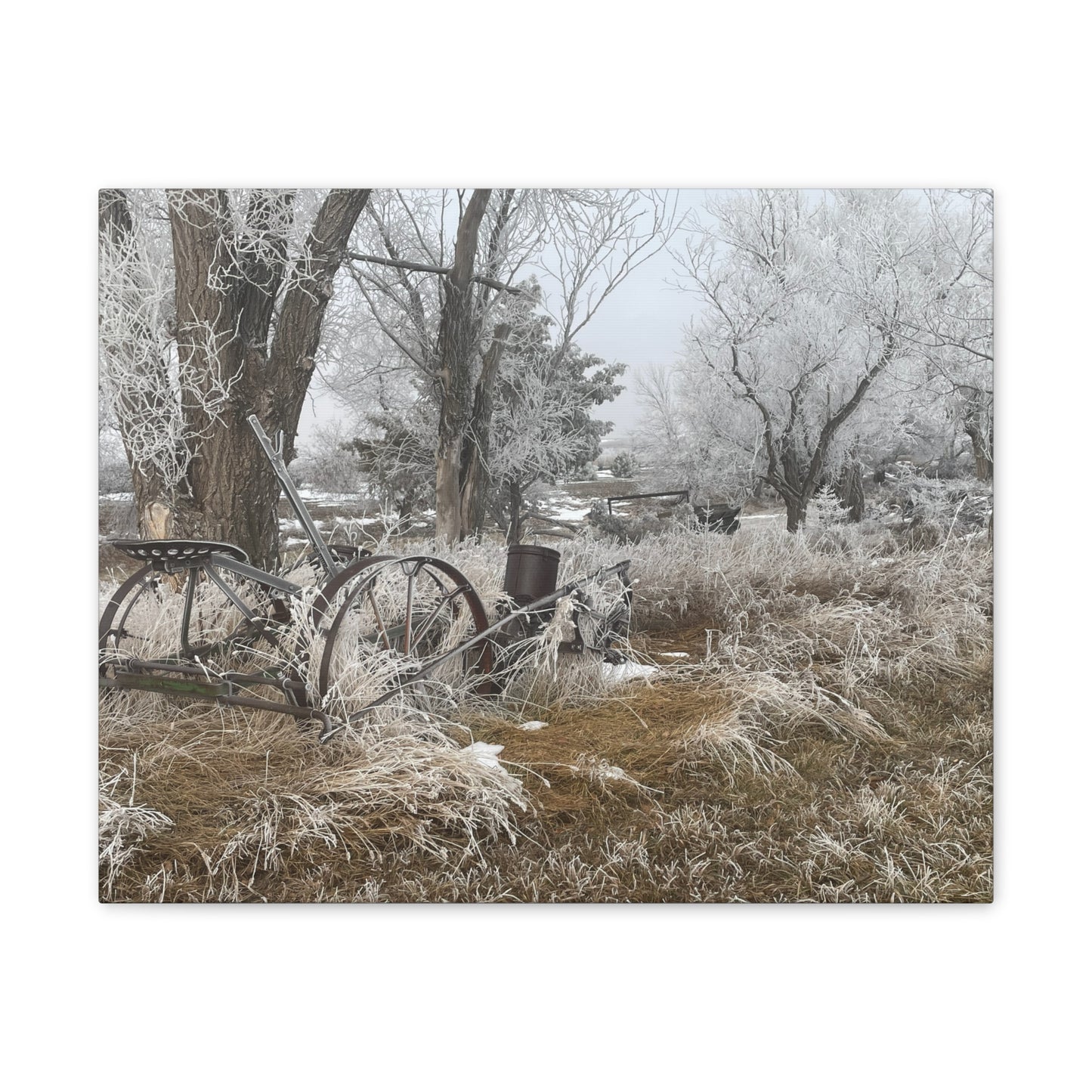 Frosted Farm Vintage Wagon Canvas Print — Rustic Winter Landscape Wall Art