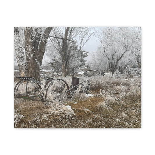 Frosted Farm Vintage Wagon Canvas Print — Rustic Winter Landscape Wall Art