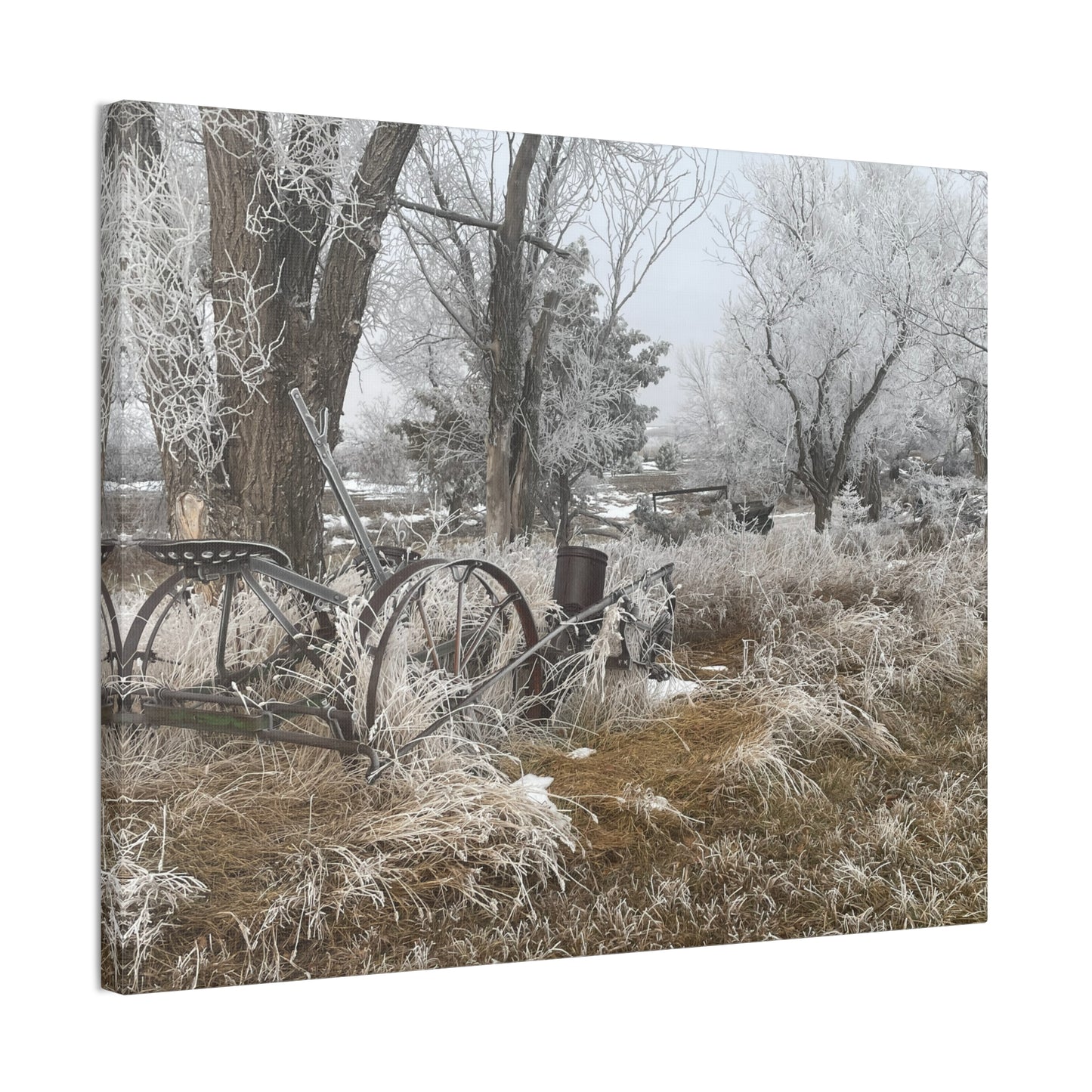 Frosted Farm Vintage Wagon Canvas Print — Rustic Winter Landscape Wall Art