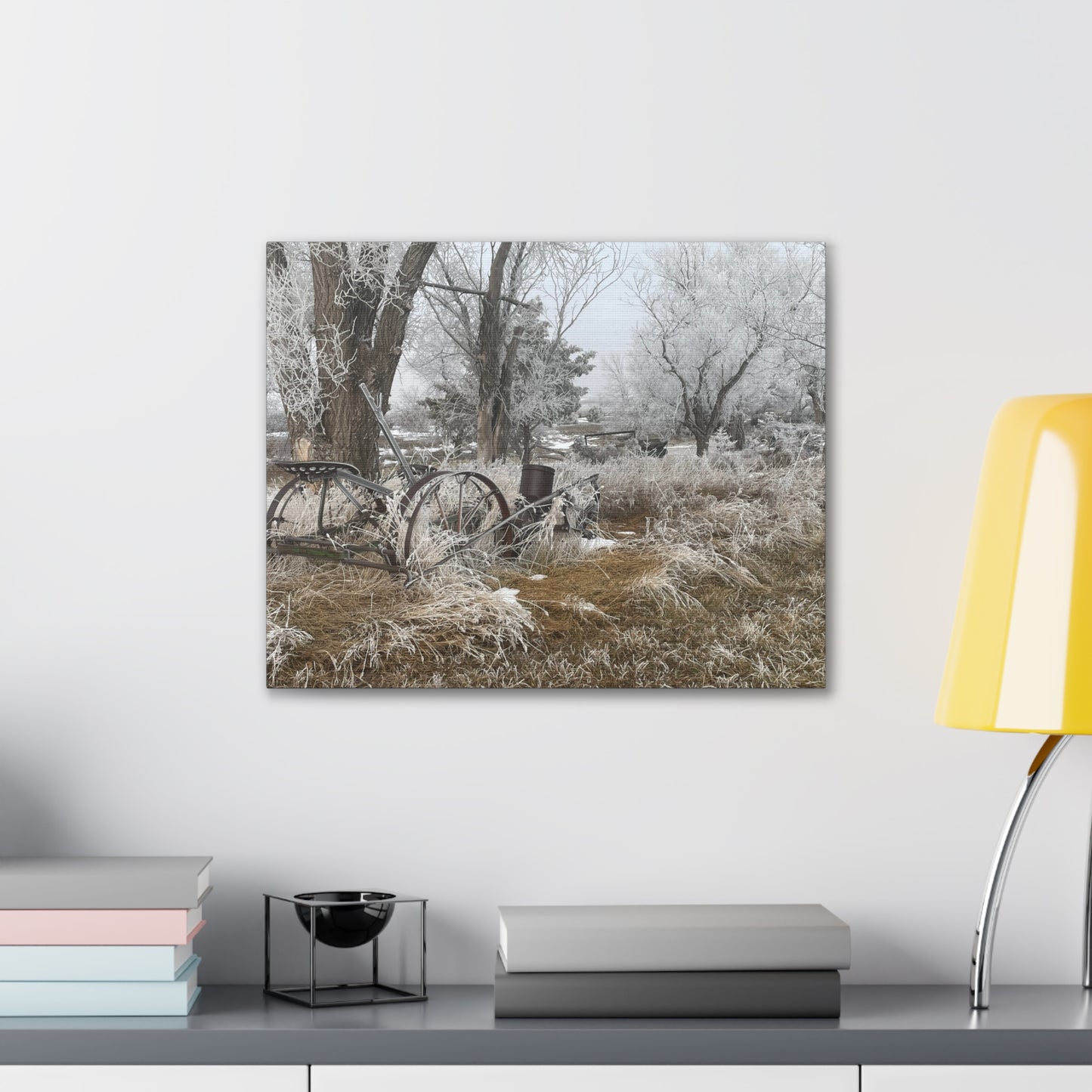 Frosted Farm Vintage Wagon Canvas Print — Rustic Winter Landscape Wall Art