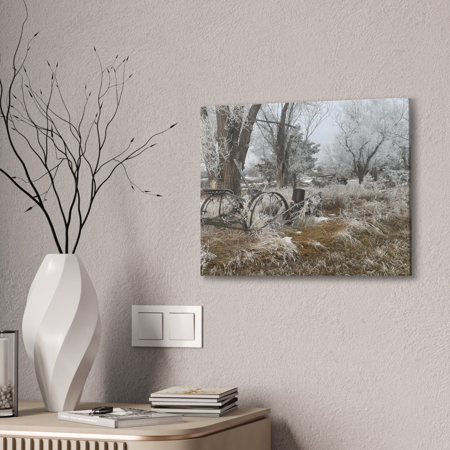 Frosted Farm Vintage Wagon Canvas Print — Rustic Winter Landscape Wall Art